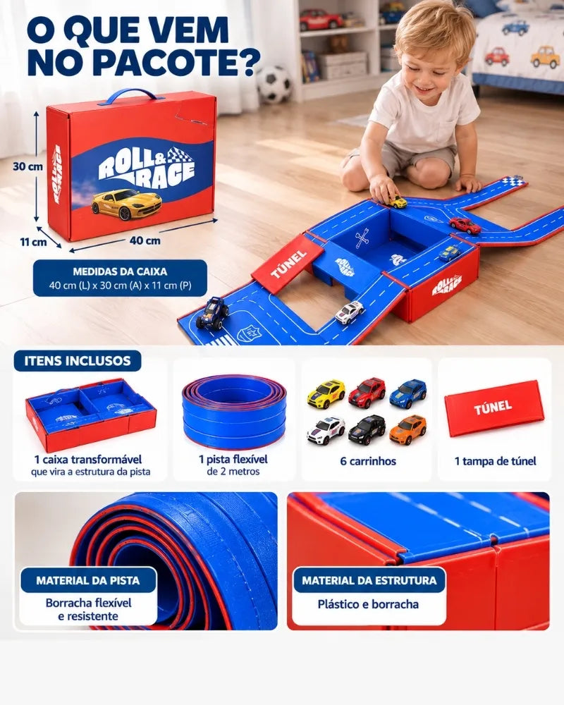 RollRace™ – Pista de Corrida 2 em 1 | Kit 5 Carrinhos