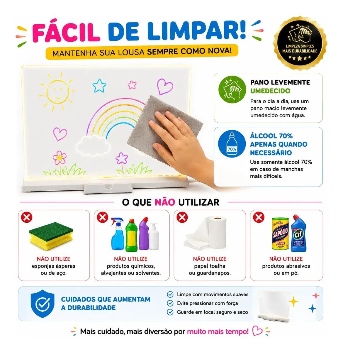 Lousa Mágica Led Infantil 30x20 Com 7 Canetas Usb Acrílica