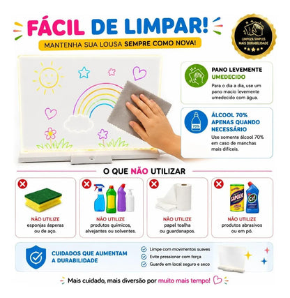 Lousa Mágica Led Infantil 30x20 Com 7 Canetas Usb Acrílica
