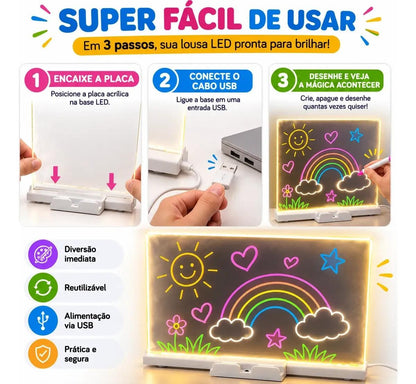 Lousa Mágica Led Infantil 30x20 Com 7 Canetas Usb Acrílica
