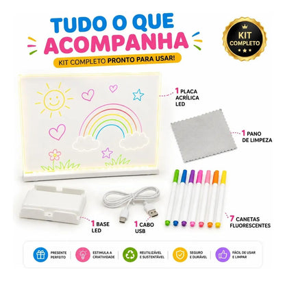 Lousa Mágica Led Infantil 30x20 Com 7 Canetas Usb Acrílica