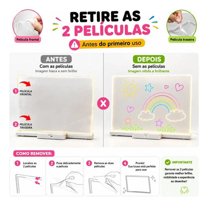 Lousa Mágica Led Infantil 30x20 Com 7 Canetas Usb Acrílica