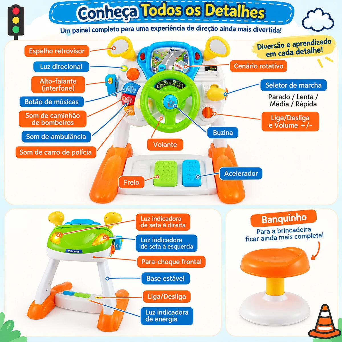 Simulador de Direção Infantil com Pedal, Luzes, Sons e Banquinho