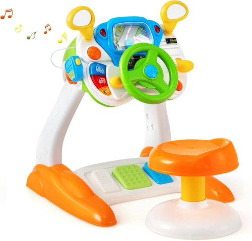 Simulador de Direção Infantil com Pedal, Luzes, Sons e Banquinho