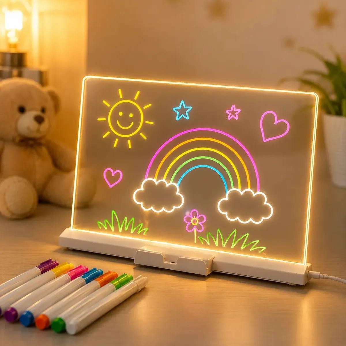 Lousa Mágica Led Infantil 30x20 Com 7 Canetas Usb Acrílica