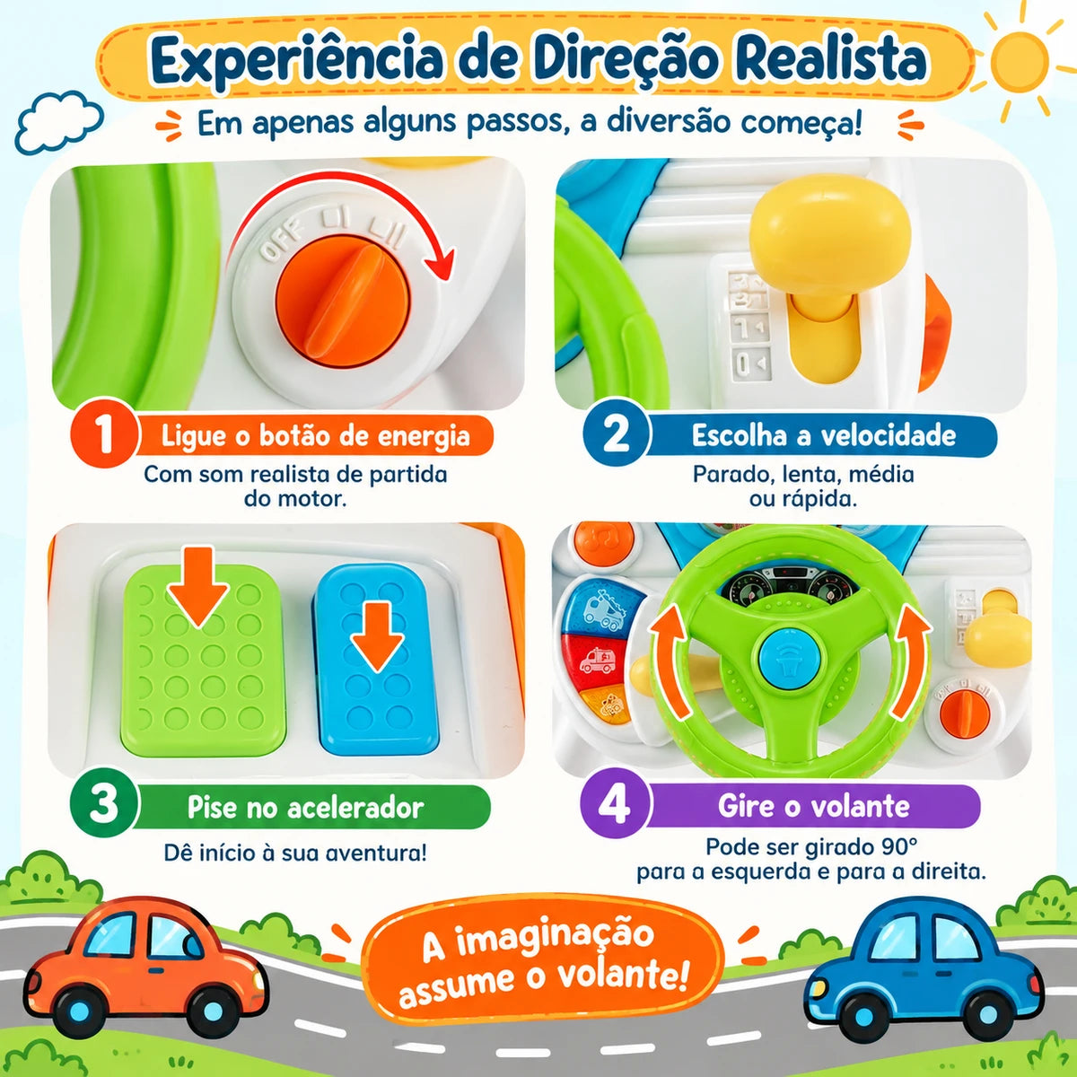 Simulador de Direção Infantil com Pedal, Luzes, Sons e Banquinho