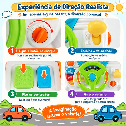 Simulador de Direção Infantil com Pedal, Luzes, Sons e Banquinho