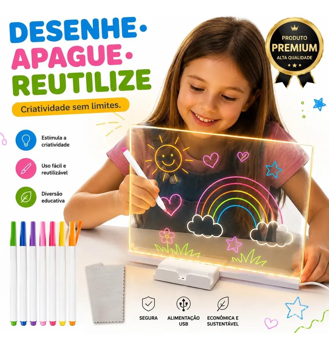 Lousa Mágica Led Infantil 30x20 Com 7 Canetas Usb Acrílica
