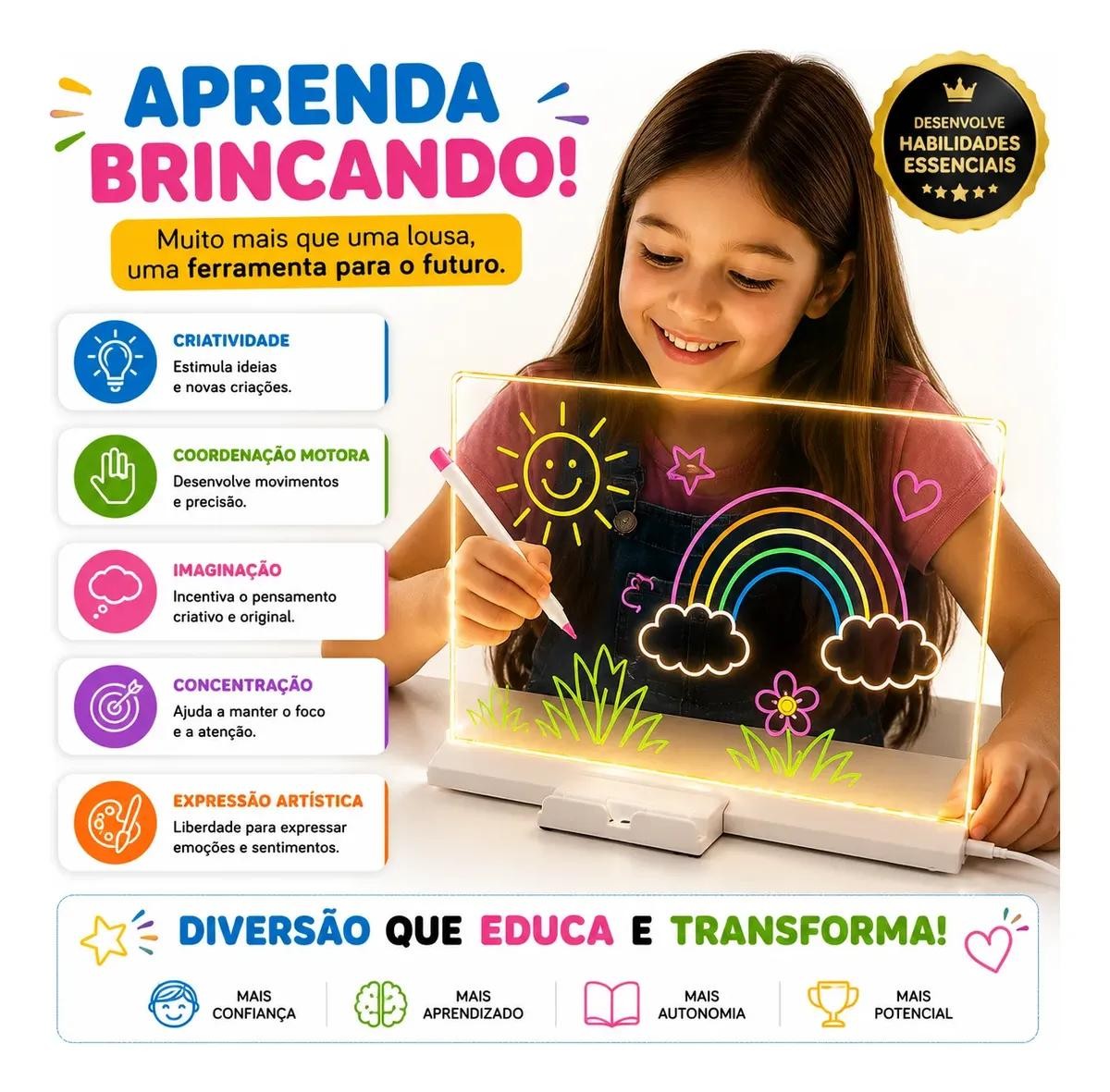 Lousa Mágica Led Infantil 30x20 Com 7 Canetas Usb Acrílica