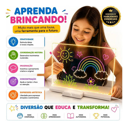 Lousa Mágica Led Infantil 30x20 Com 7 Canetas Usb Acrílica