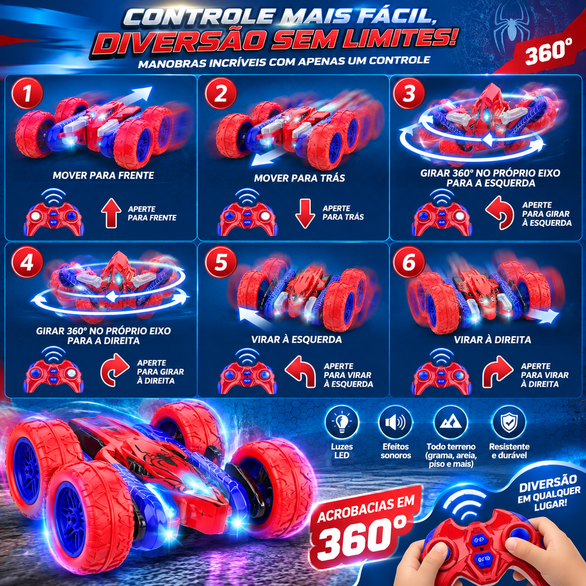 Carro Radical 360° Spider RC – Controle Remoto com LED e Acrobacias