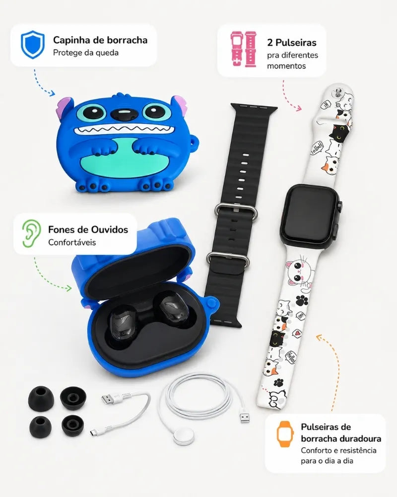 SmartKid™ — Kit Smartwatch + Fones e 2 Pulseiras